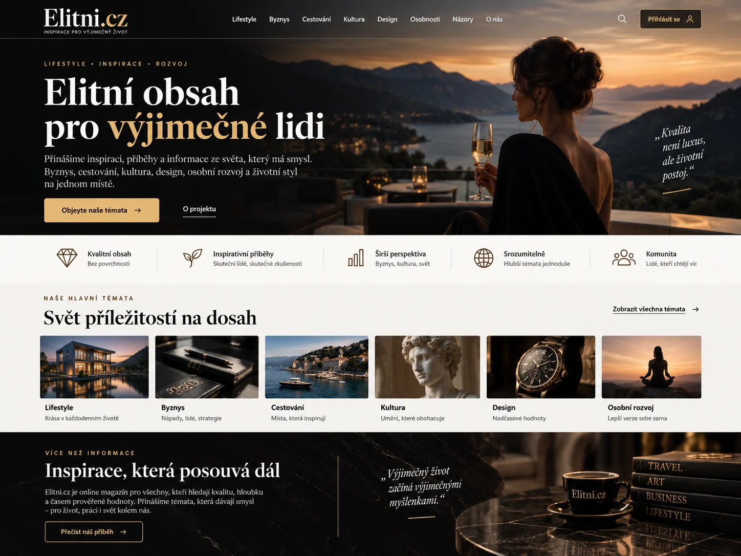 Návrh černo-zlatého magazínu Elitni.cz s tématy lifestyle, byznys, cestování, kultura, design a osobní rozvoj